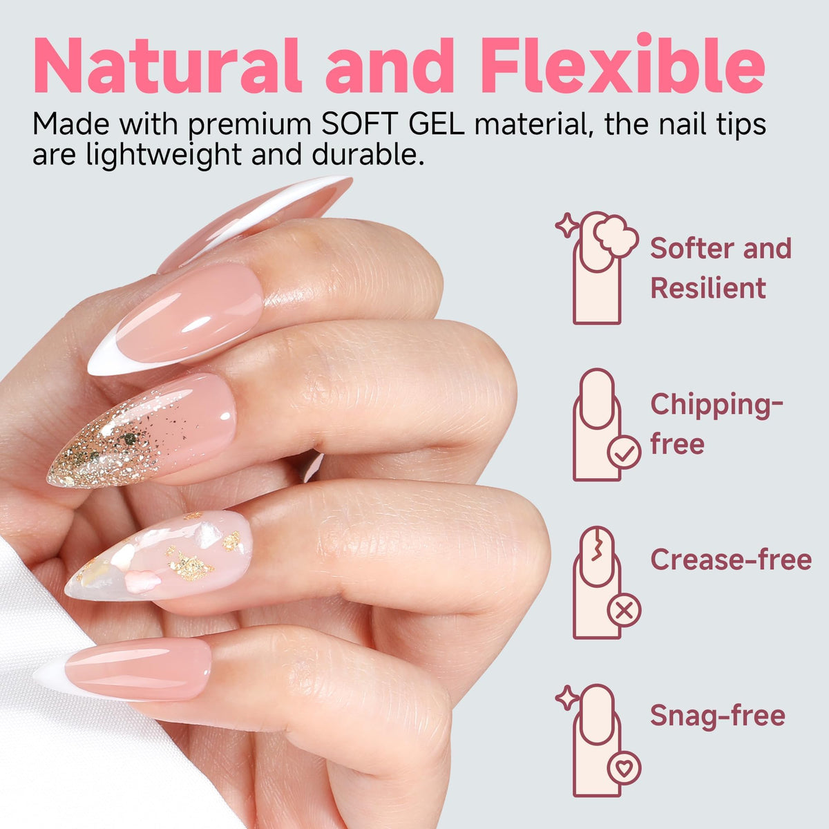 UNA GELLA Stiletto Gel Nail Tips showing flexibility