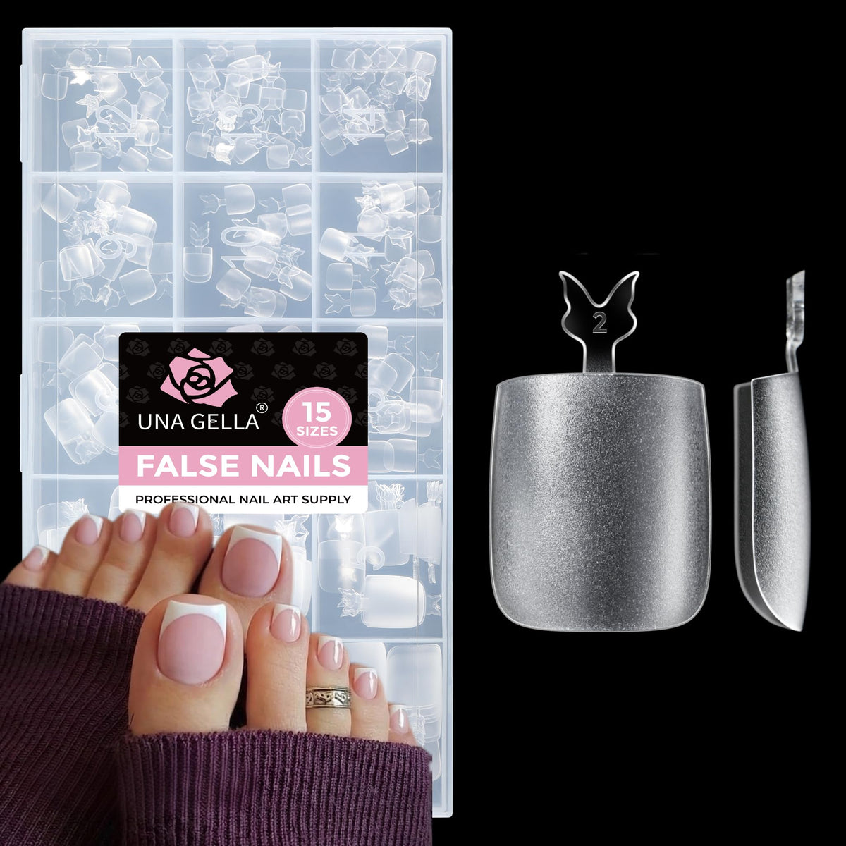 UNA GELLA Toe Nail Tips 15 sizes square style front view