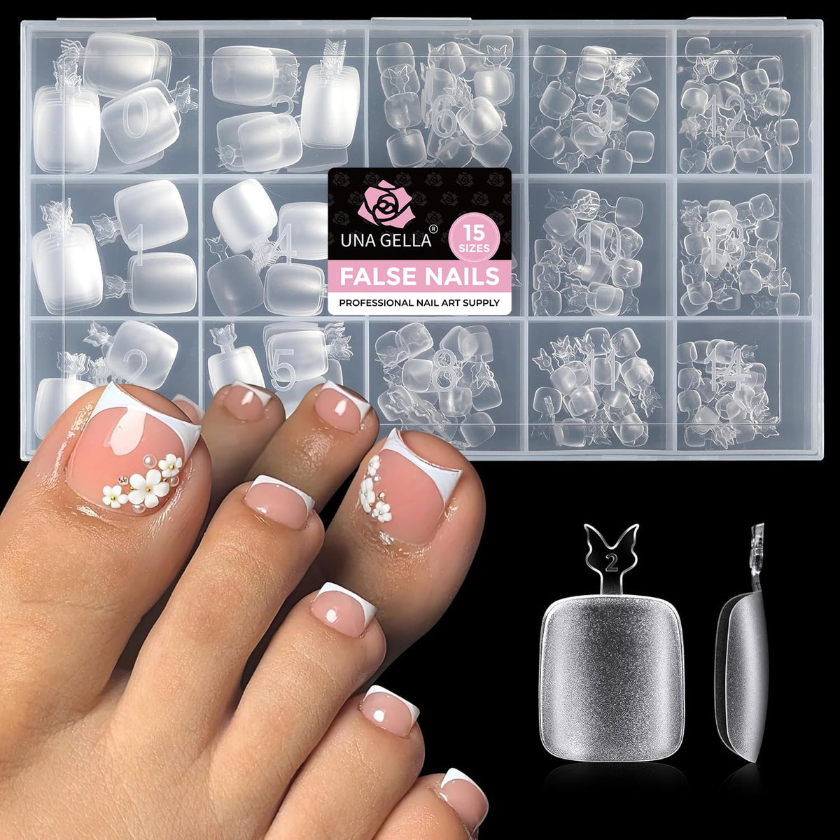 UNA GELLA Toe Nail Tips 312Pcs front view with various sizes