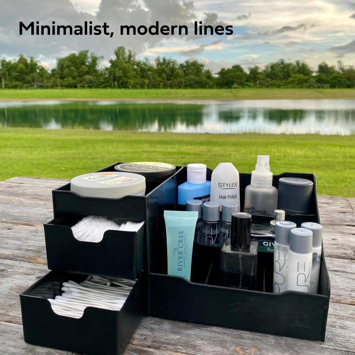 Uncluttered Designs Large Black Vanity Organizer filled with cologne and skincare products