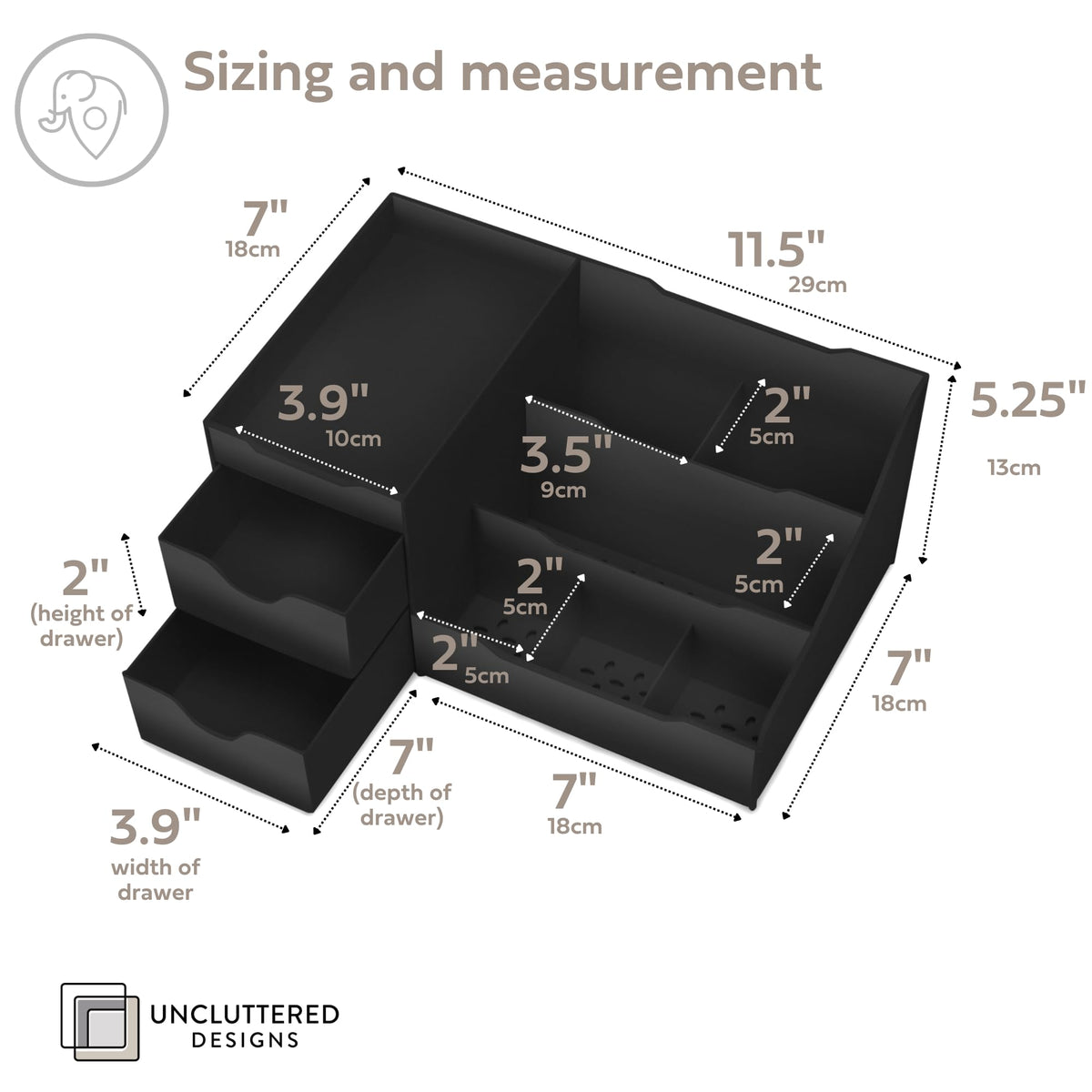 Uncluttered Designs Large Black Vanity Organizer side view showcasing deep drawers
