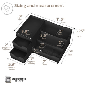 Uncluttered Designs Large Black Vanity Organizer side view showcasing deep drawers