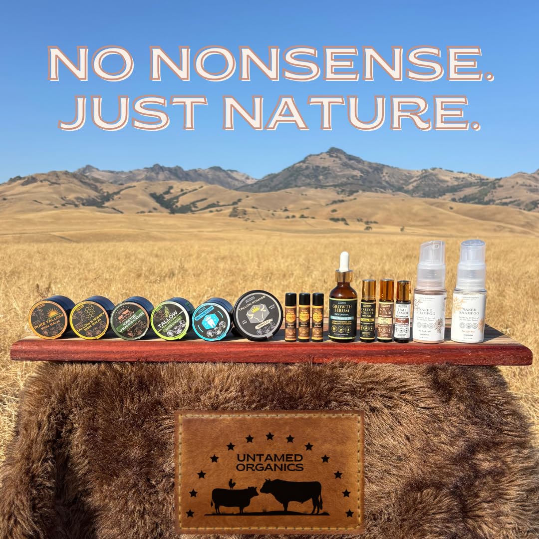Untamed Organics Pure Tallow Lip Balm next to other skincare products