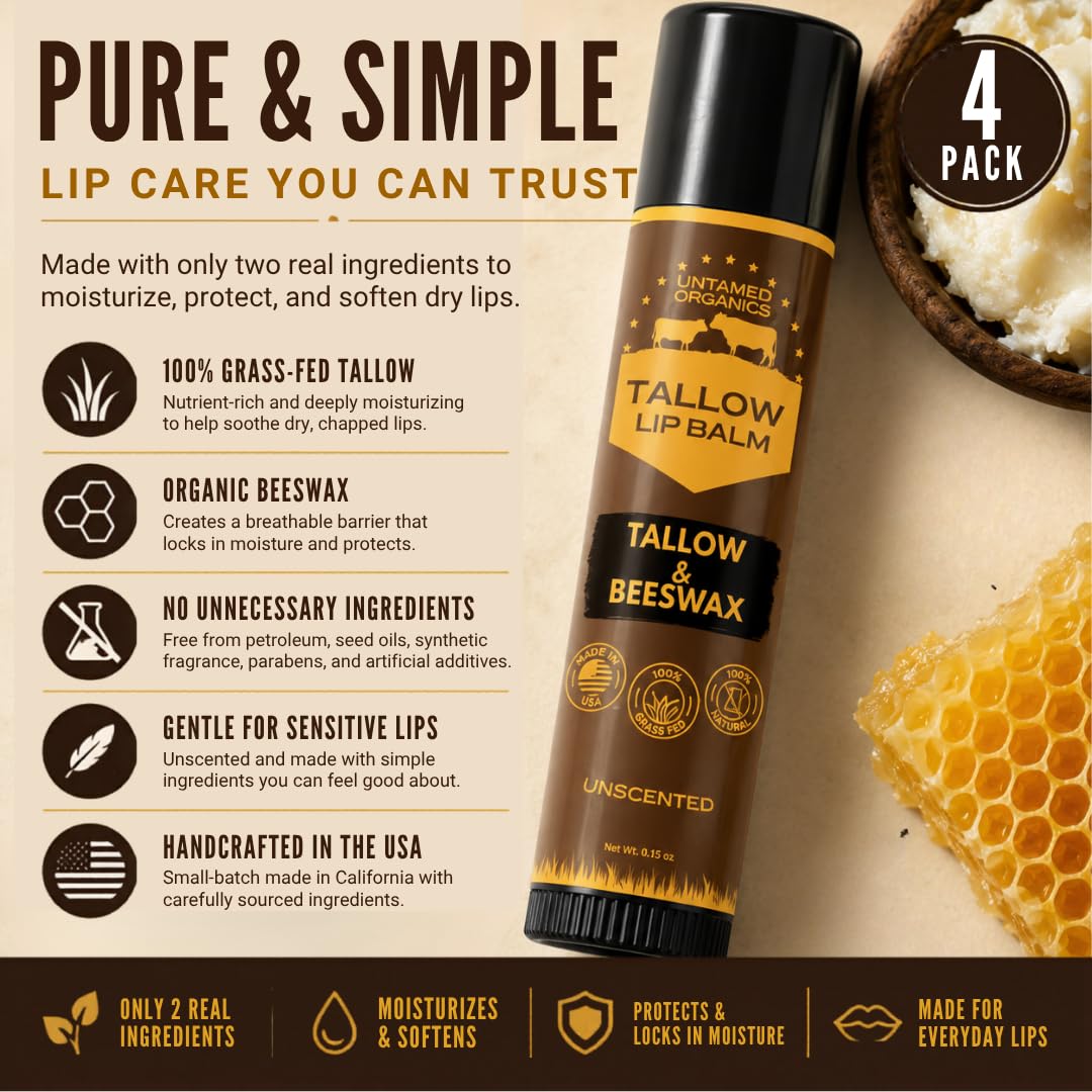 Untamed Organics Pure Tallow Lip Balm on a bathroom counter
