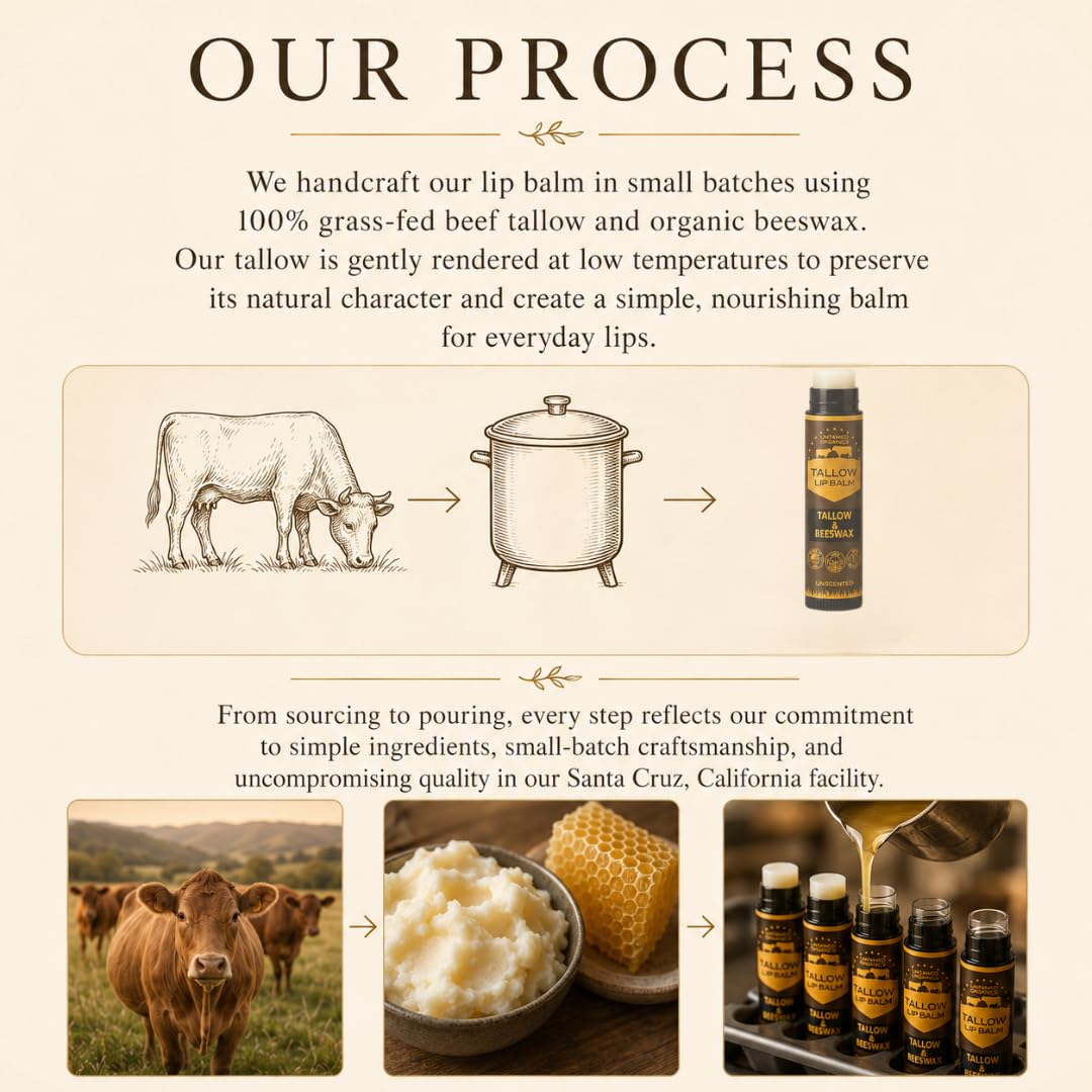 Untamed Organics Pure Tallow Lip Balm packaging on a wooden surface