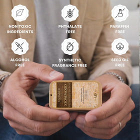 Untamed Organics Stonewood Tallow Solid Cologne ingredients list on packaging
