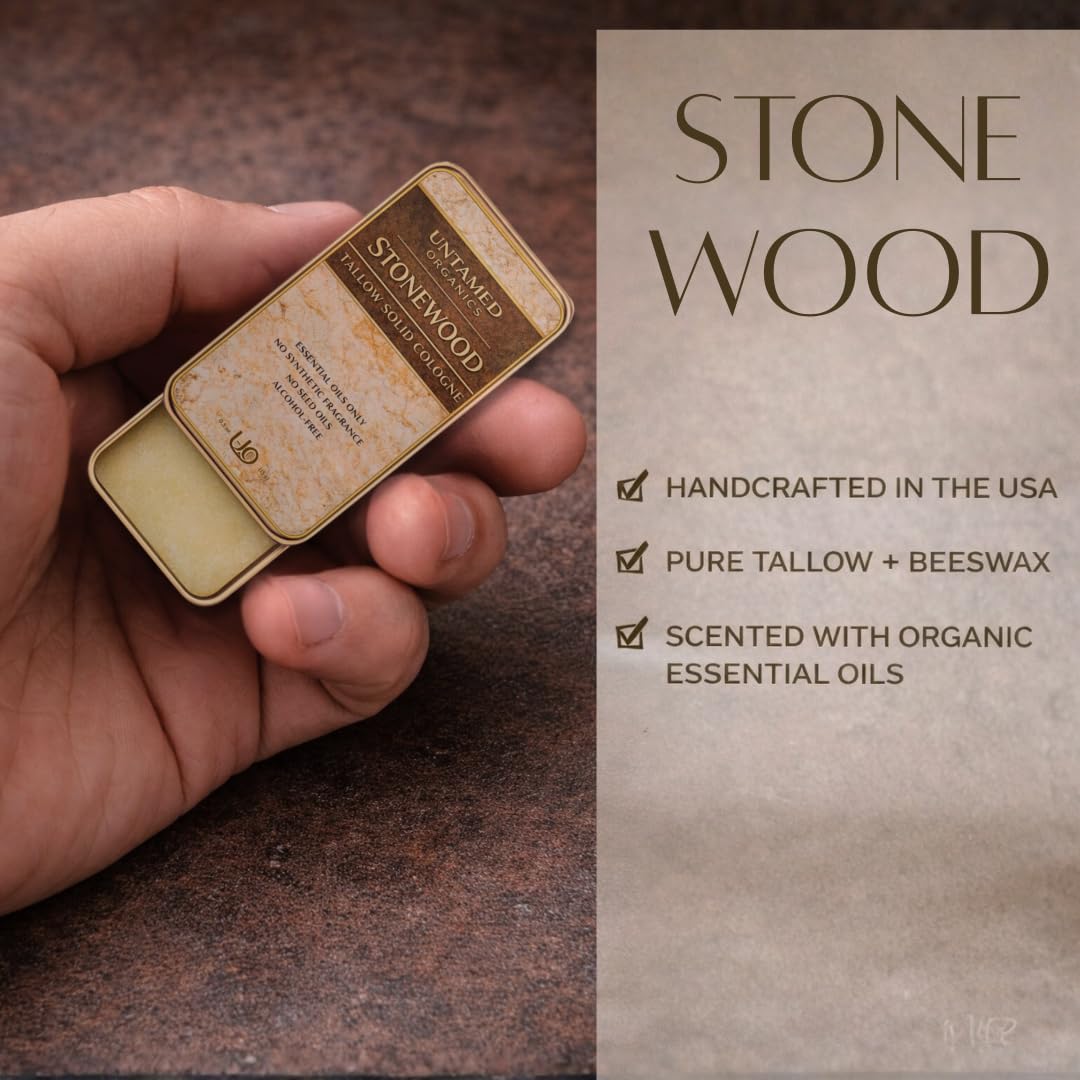 Untamed Organics Stonewood Tallow Solid Cologne open tin showing balm texture