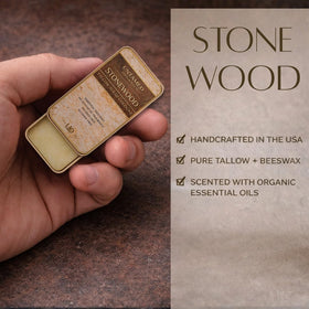 Untamed Organics Stonewood Tallow Solid Cologne open tin showing balm texture