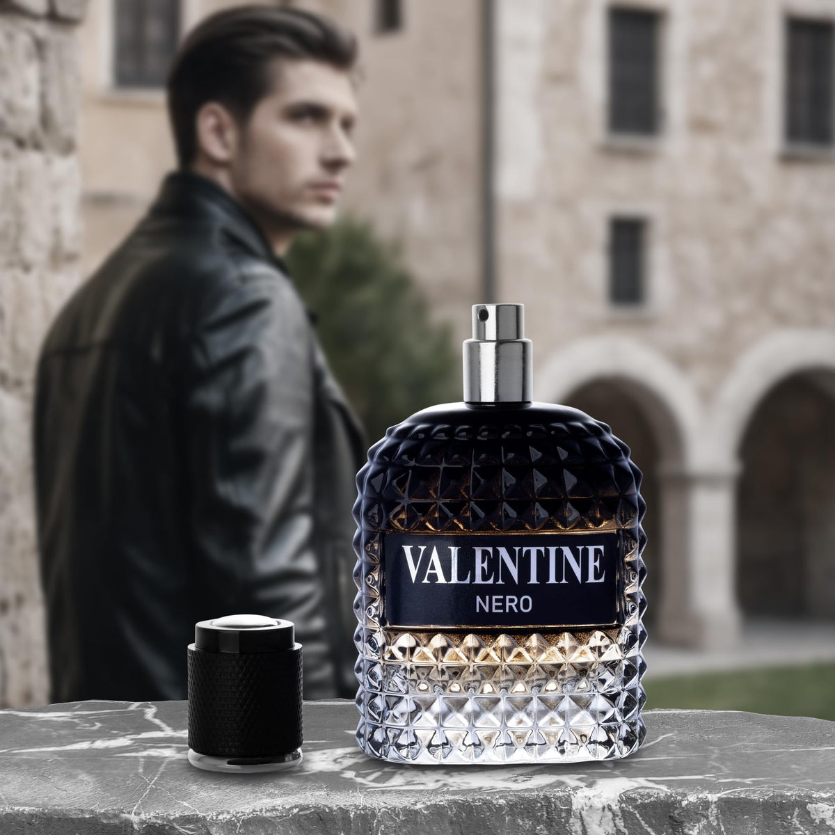 URBAN COLLECTION Valentine Nero cologne bottle on a wooden surface