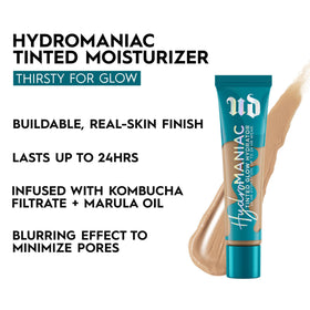URBAN DECAY Hydromanic Tinted Glow Hydrator 40 Light Medium on a makeup table
