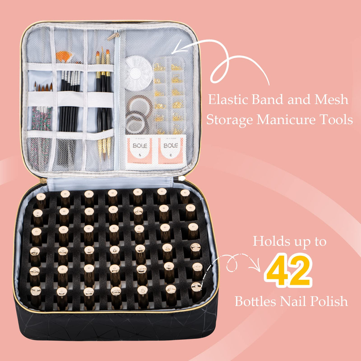 Uross Nail Polish Organizer Bag showing interior with 42 grids