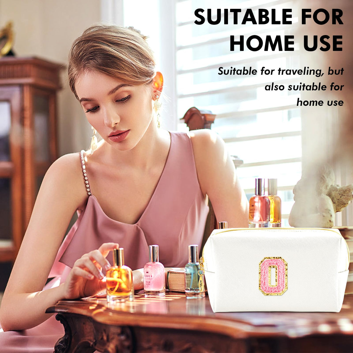URSKYTOUS Initial Makeup Bag side view showing zipper closure
