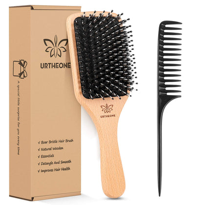 URTHEONE Boar Bristle Hair Brush front view with wooden handle