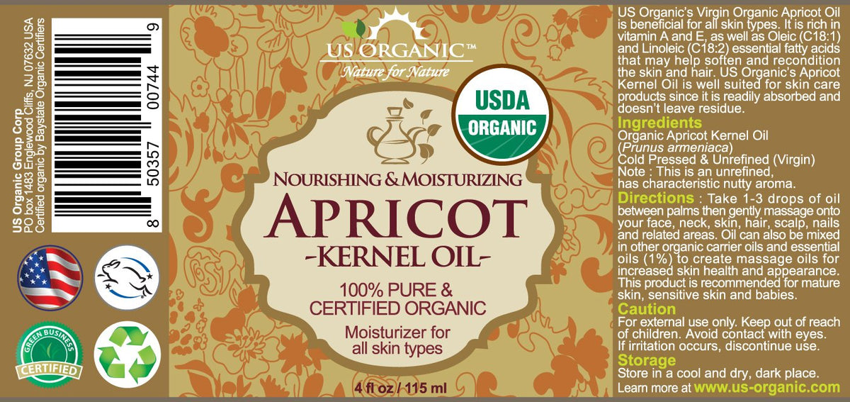 US Organic Apricot Kernel Oil 4 oz amber glass bottle with eyedropper