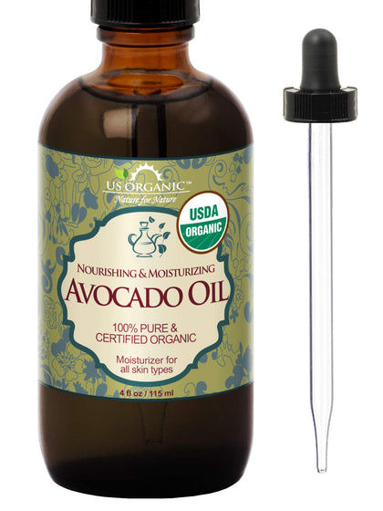 US Organic Avocado Oil 4 oz amber glass bottle front view