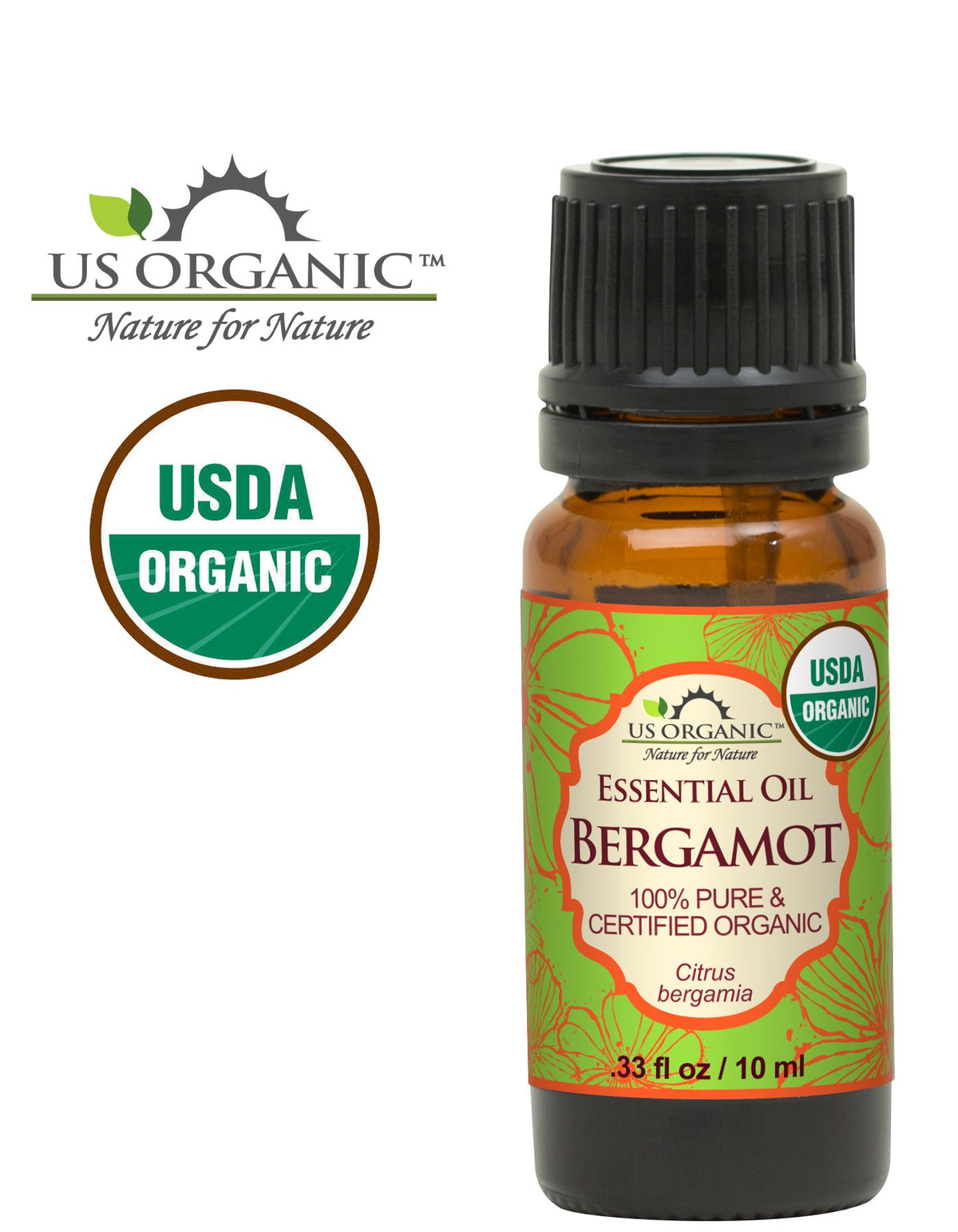 US Organic Bergamot Essential Oil packaging with ingredients