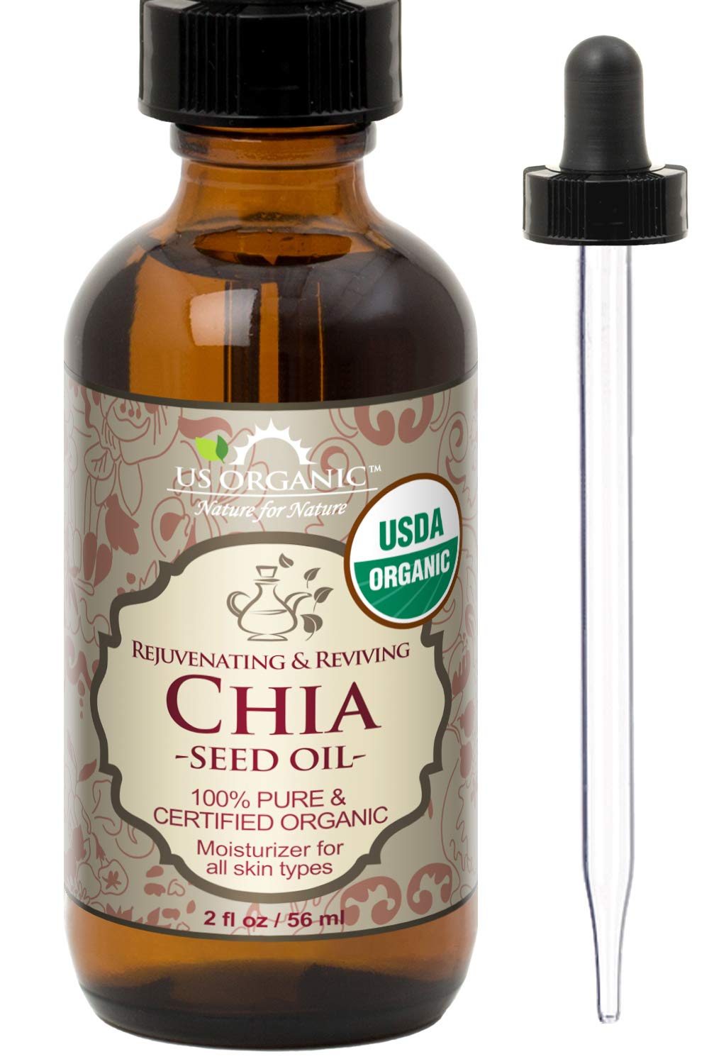US Organic Chia Seed Oil 2 oz amber glass bottle with eyedropper