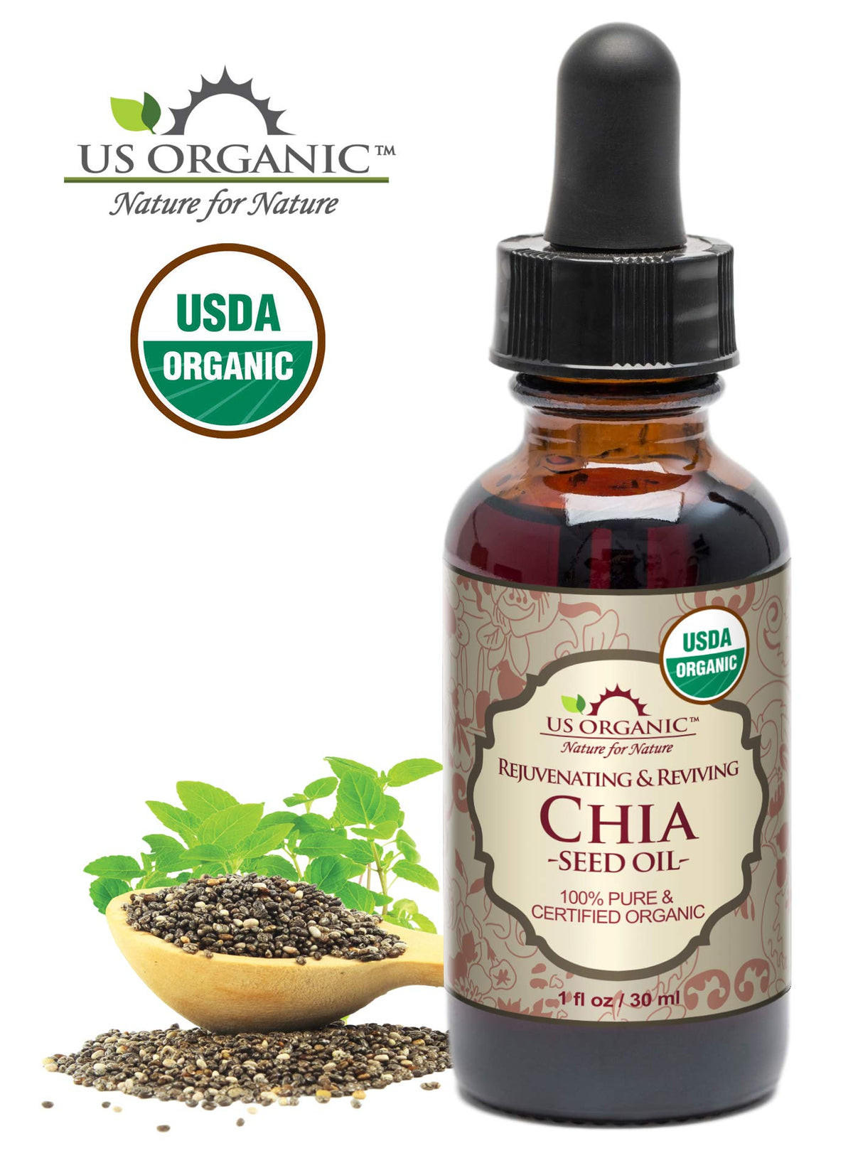 US Organic Chia Seed Oil 30ml bottle side view
