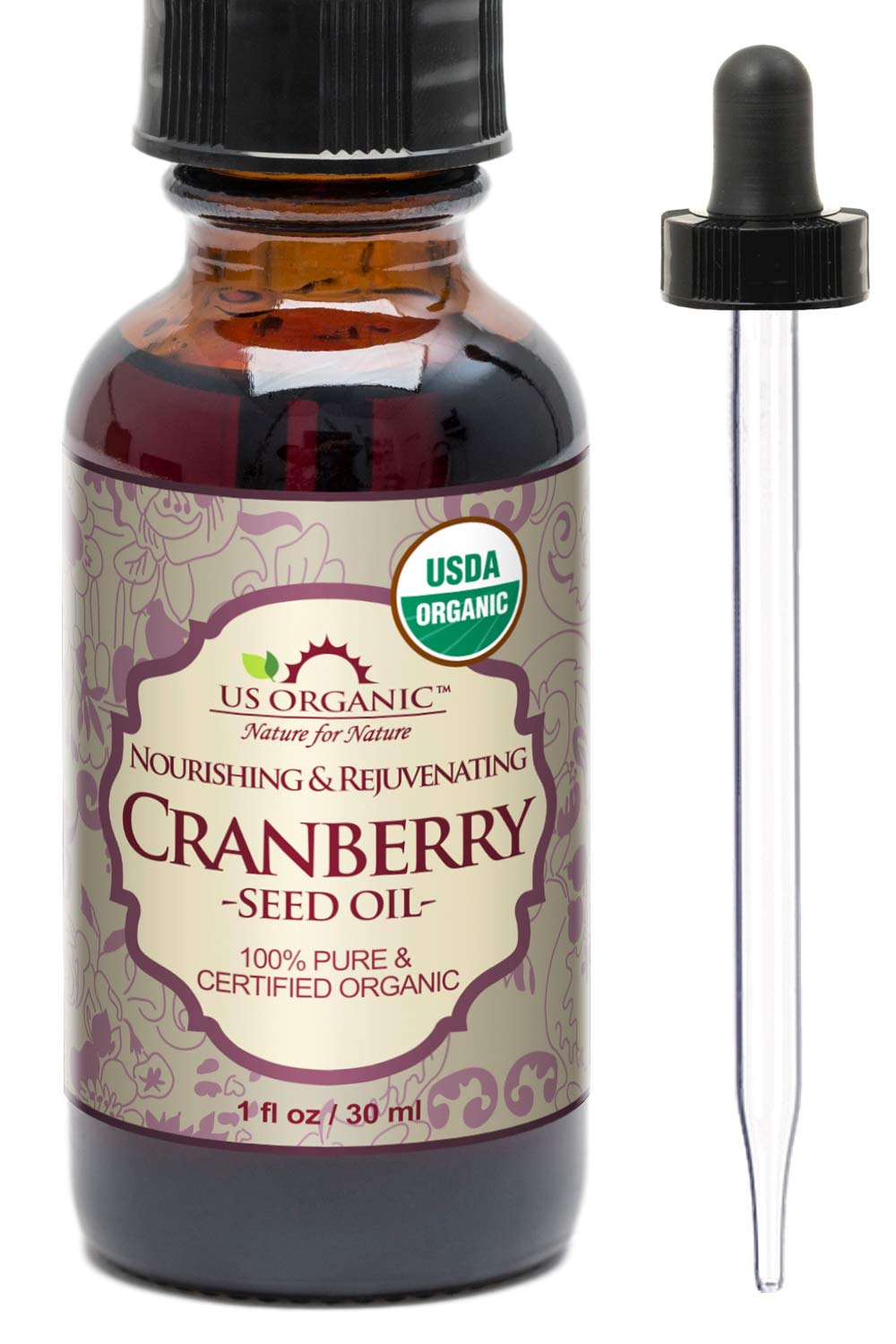 US Organic Cranberry Seed Oil 30ml amber glass bottle with dropper