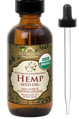 US Organic Hemp Seed Oil 2 oz amber glass bottle front view