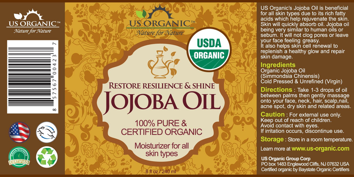 US Organic Jojoba Oil 240ml bottle close-up