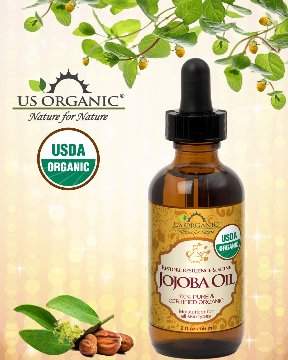 US Organic Jojoba Oil 2oz bottle side view