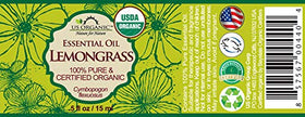 US Organic Lemongrass Essential Oil packaging with ingredients