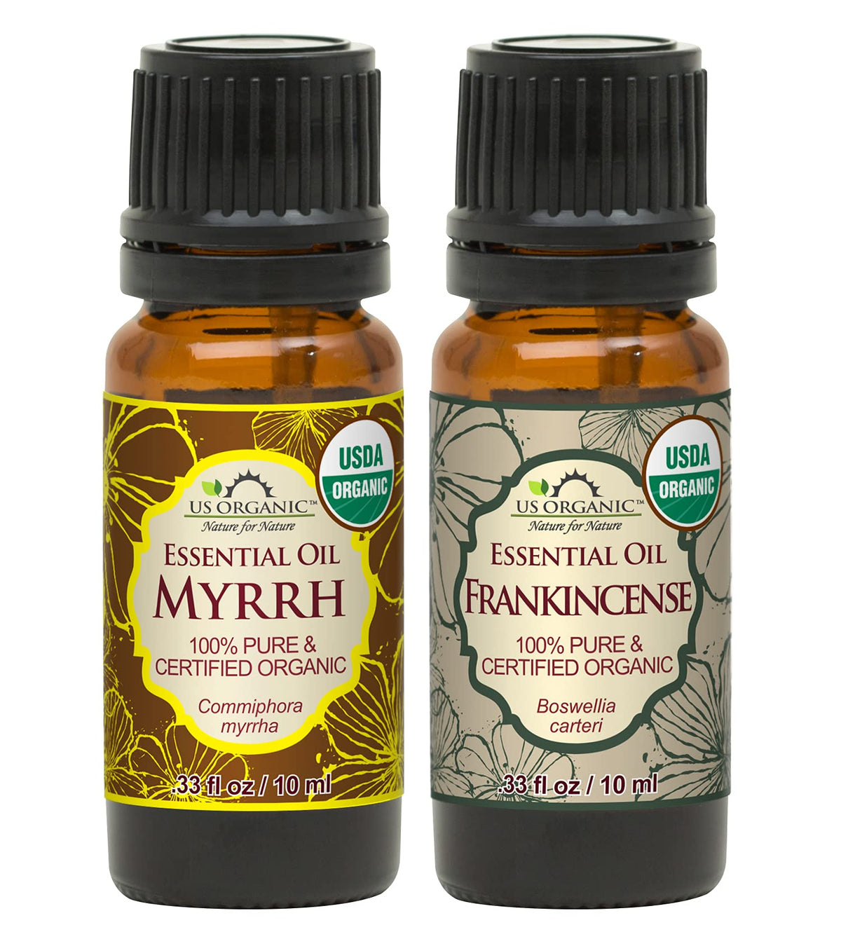 US Organic Myrrh and Frankincense Essential Oil Combo Pack front view