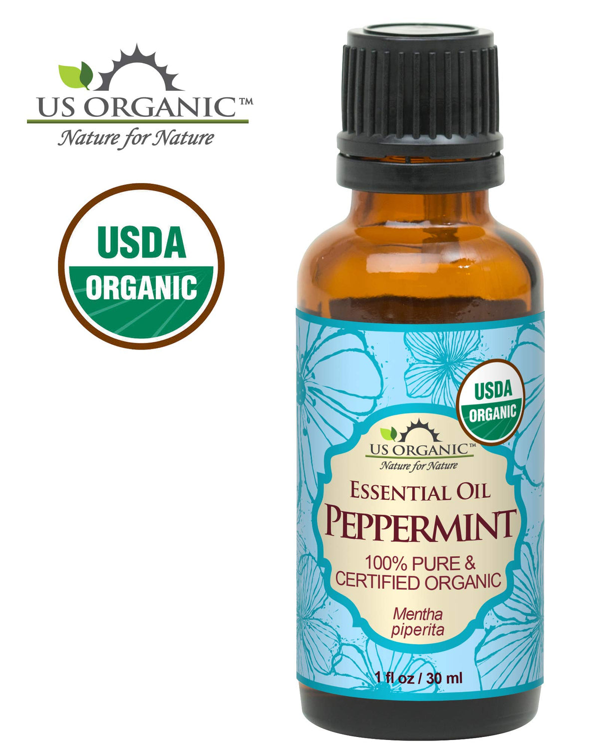 US Organic Peppermint Essential Oil bottle side view