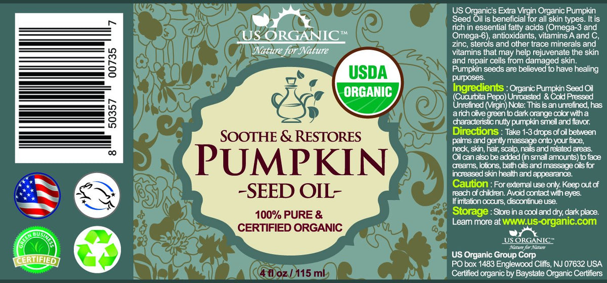 US Organic Pumpkin Seed Oil 4 oz bottle with glass eyedropper