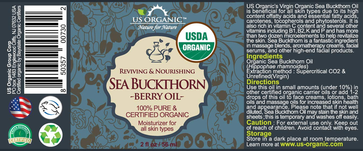 US Organic Sea Buckthorn Berry Oil 2 oz amber glass bottle side view