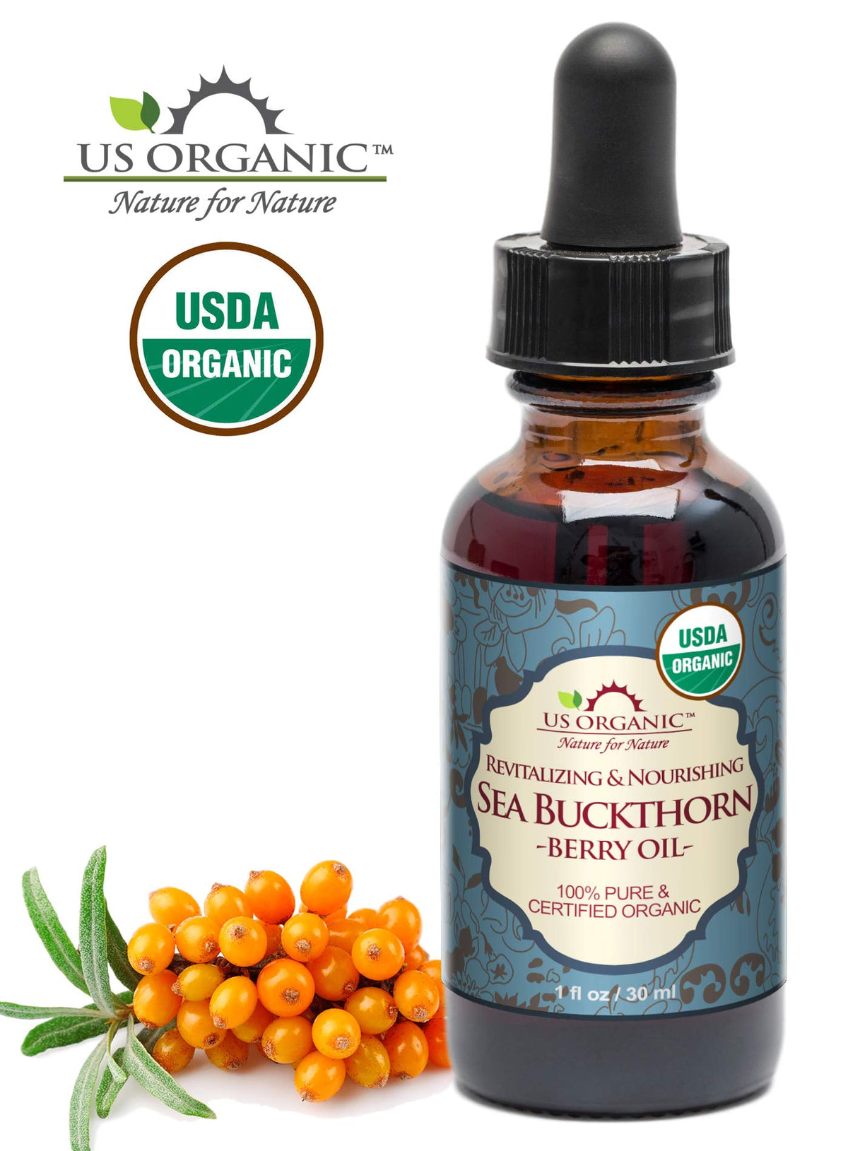 US Organic Sea Buckthorn Berry Oil 30ml back view with ingredient list