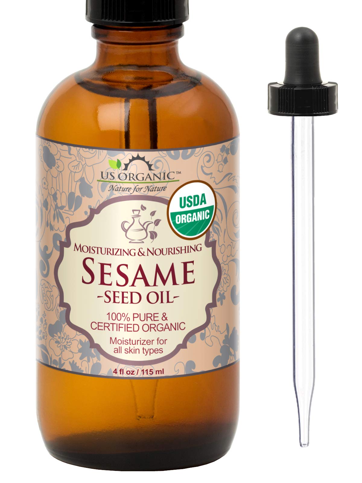 US Organic Sesame Seed Oil 4 oz amber glass bottle front view