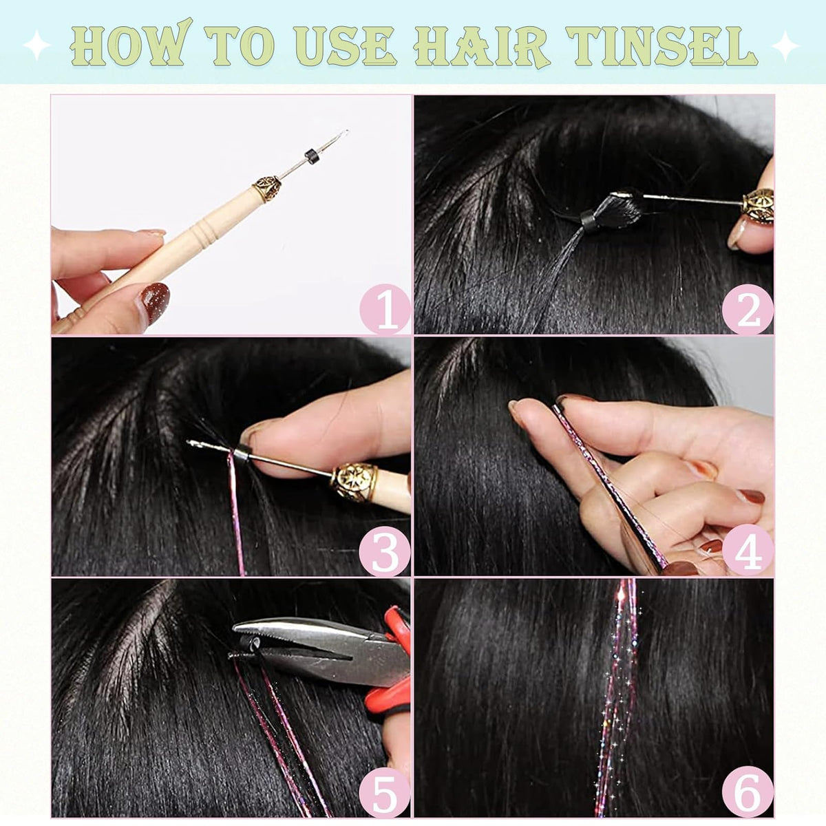 User applying hair tinsel extensions
