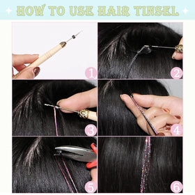 User applying hair tinsel extensions