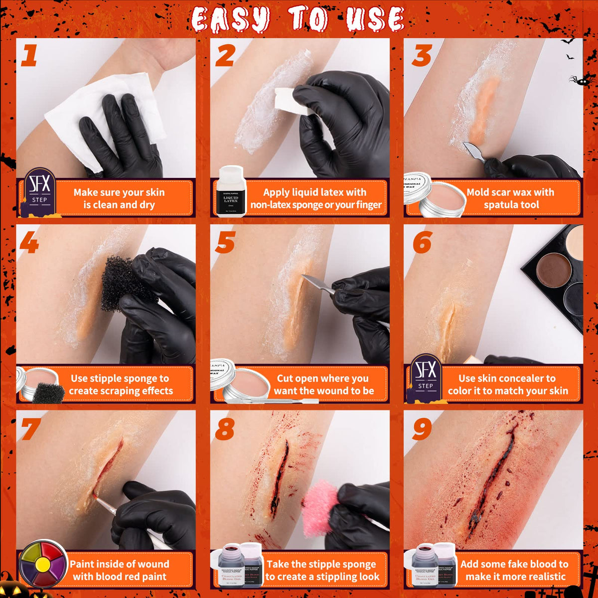 User applying liquid latex from CHASPA Halloween Makeup Kit