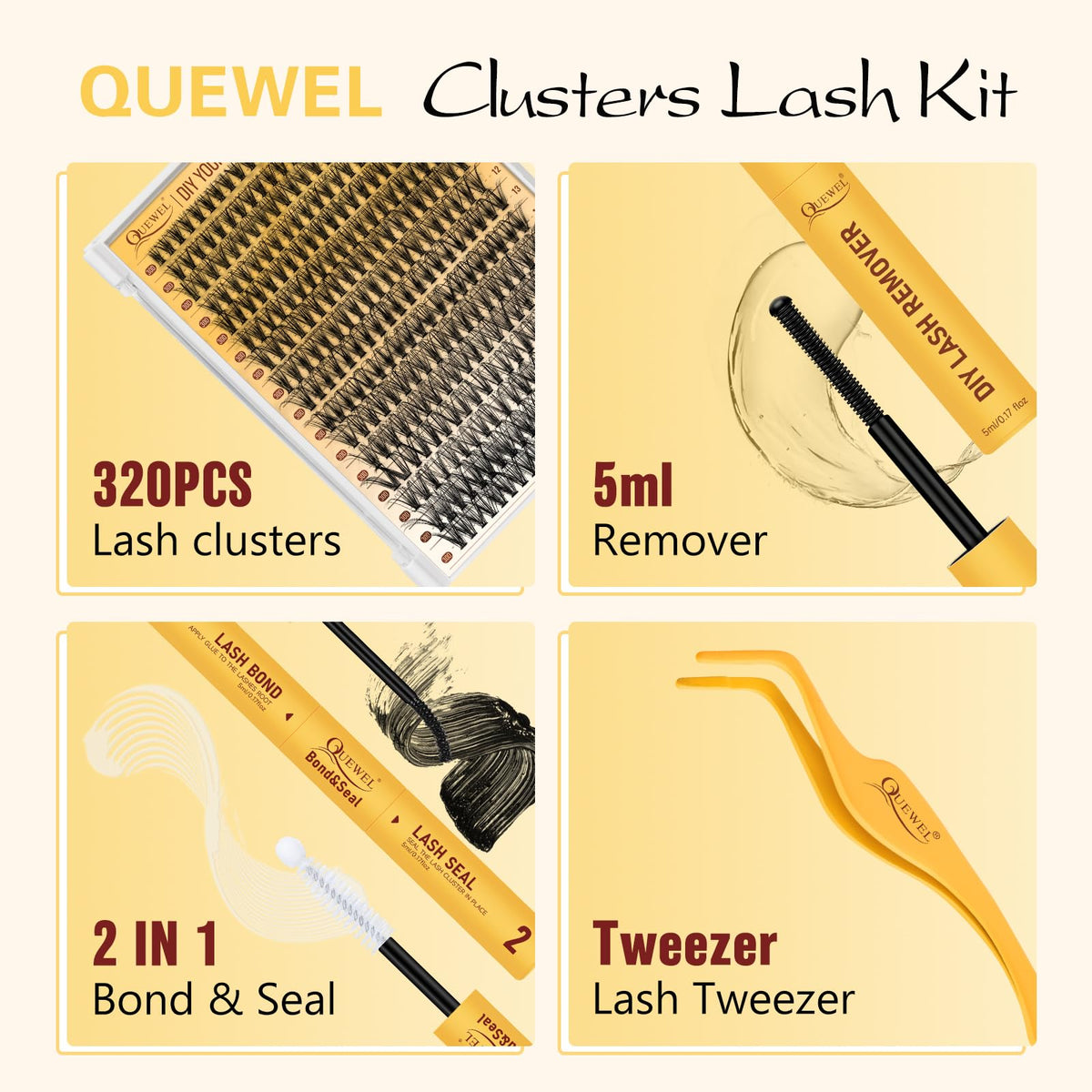 User applying QUEWEL lash clusters with applicator tool