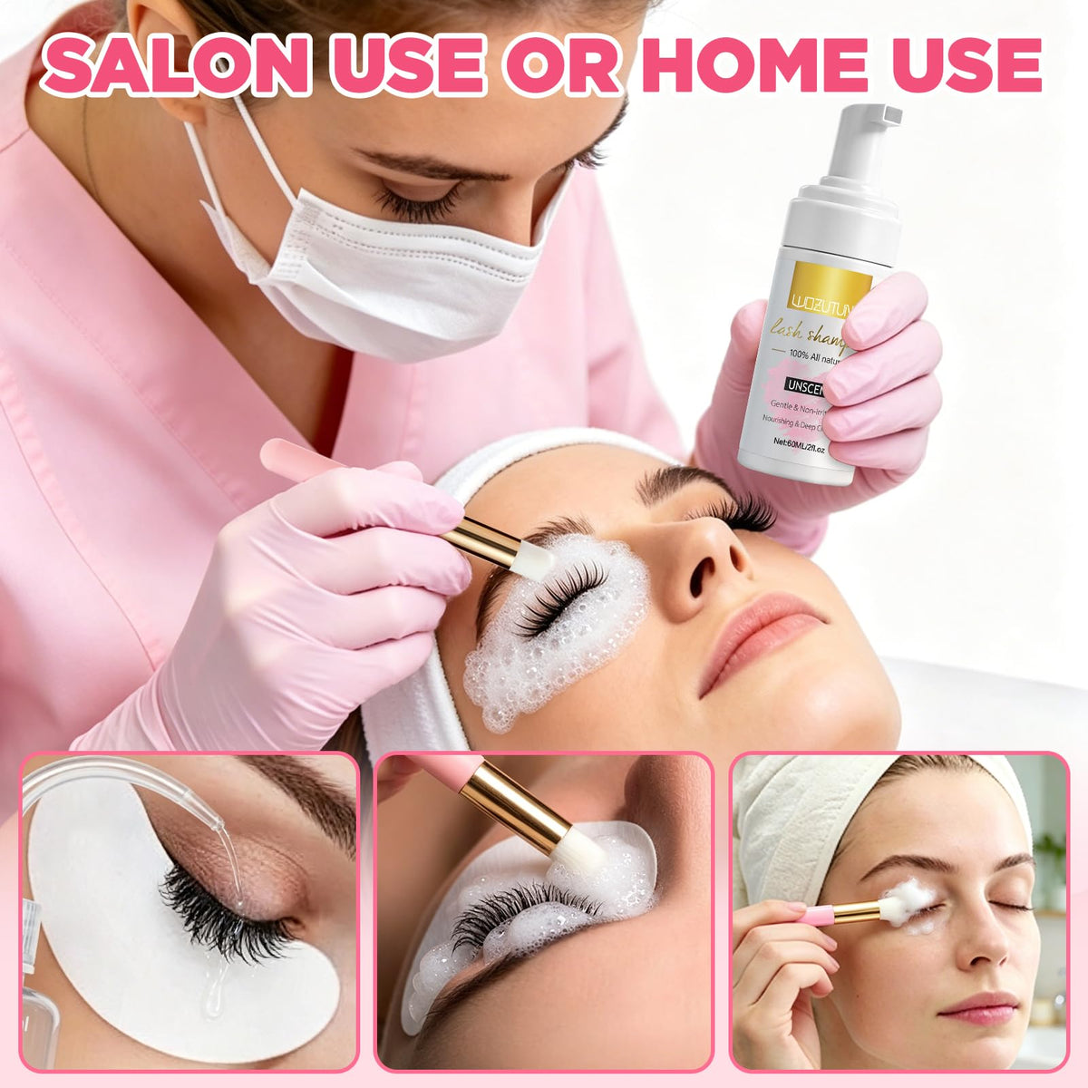 User applying WOZUTUNT lash shampoo to eyelash extensions