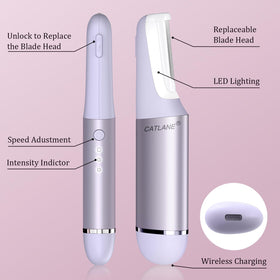 User demonstrating CATLANE Dermaplane Razor on face