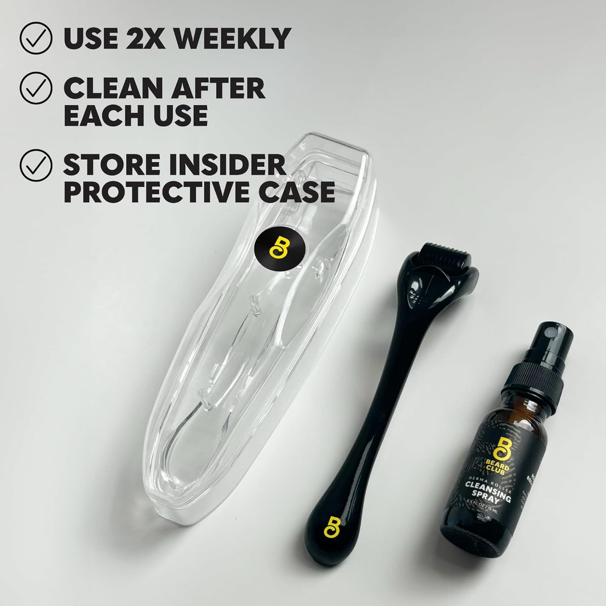 User demonstrating The Beard Club microneedling roller on scalp