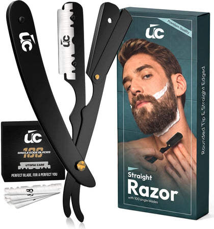 Utopia Care Straight Razor front view with stainless steel finish
