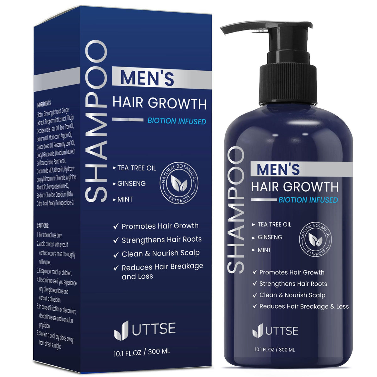 Uttse Biotin Hair Growth Shampoo for Men 10.1 fl. oz dark blue bottle front view