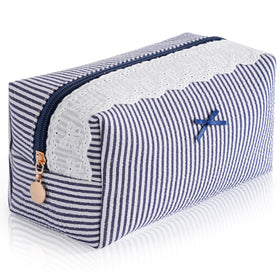 UUYUUY Makeup Bag front view with navy stripes and lace trim