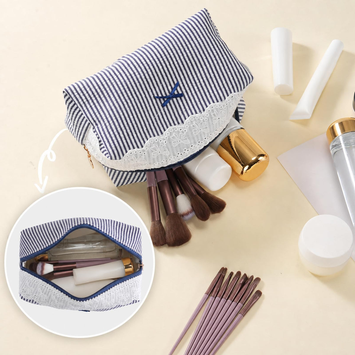 UUYUUY Makeup Bag on a vanity with beauty products