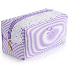 UUYUUY purple stripe makeup bag front view with lace trim