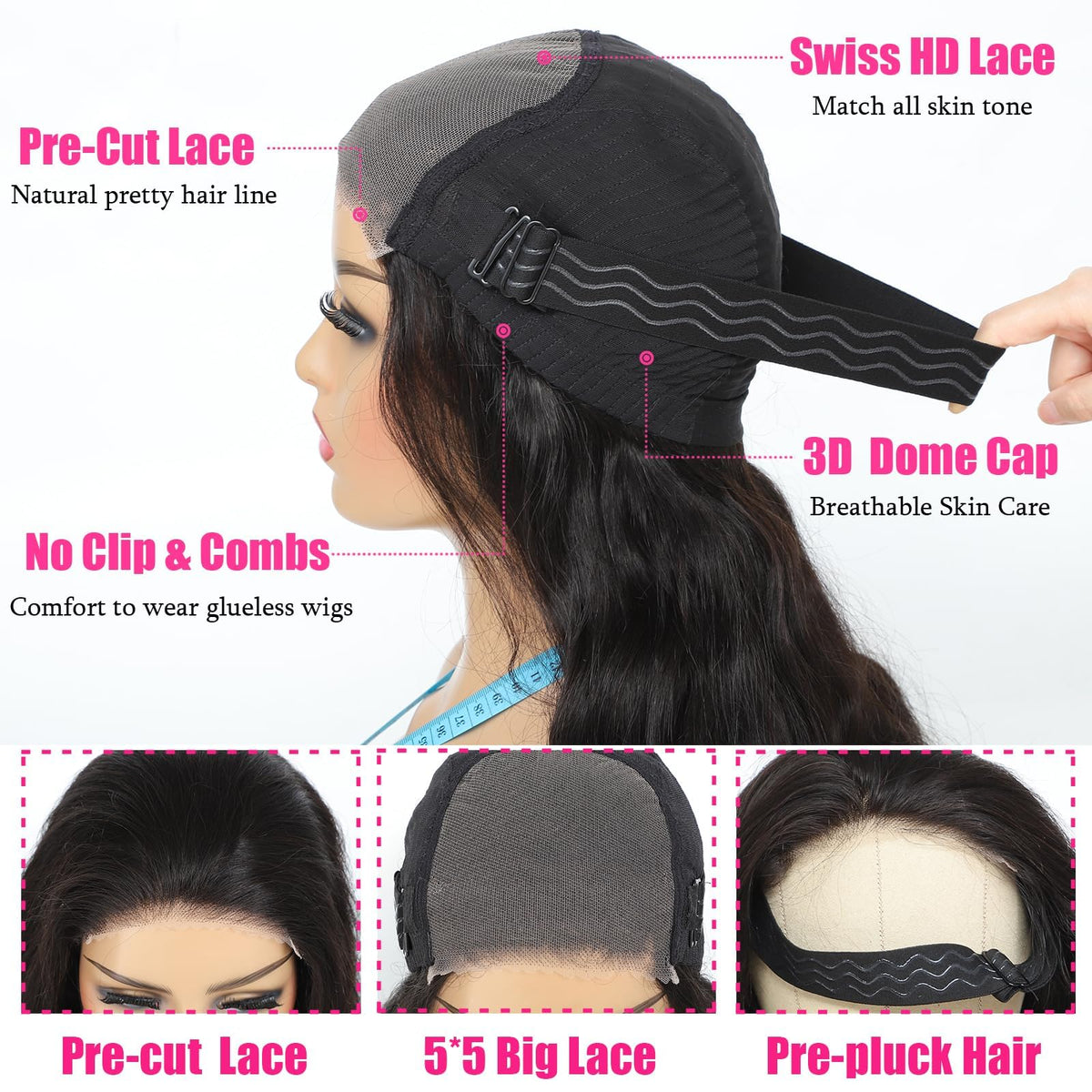 Uveous 20 Inch Glueless Wig back view with adjustable band