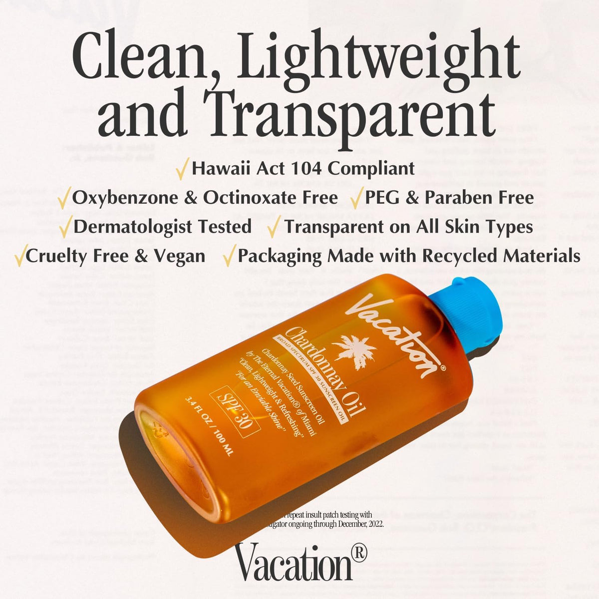 VACATION Chardonnay Oil SPF 30 Sunscreen Oil bottles on a towel
