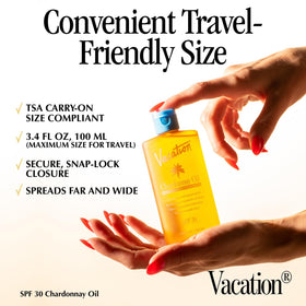 VACATION Chardonnay Oil SPF 30 Sunscreen Oil packaging and bottles