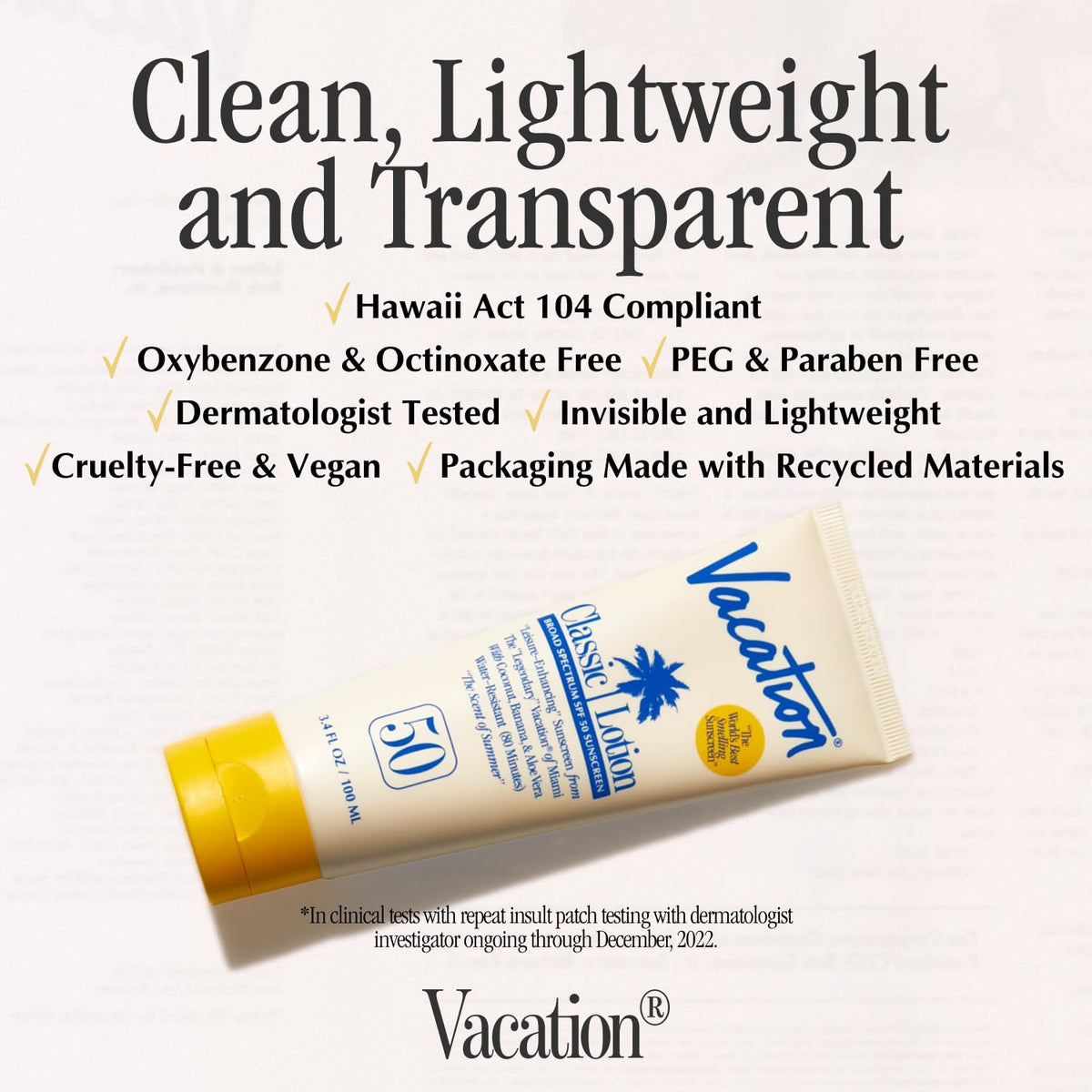 VACATION Classic SPF 50 Sunscreen Lotion applied on skin
