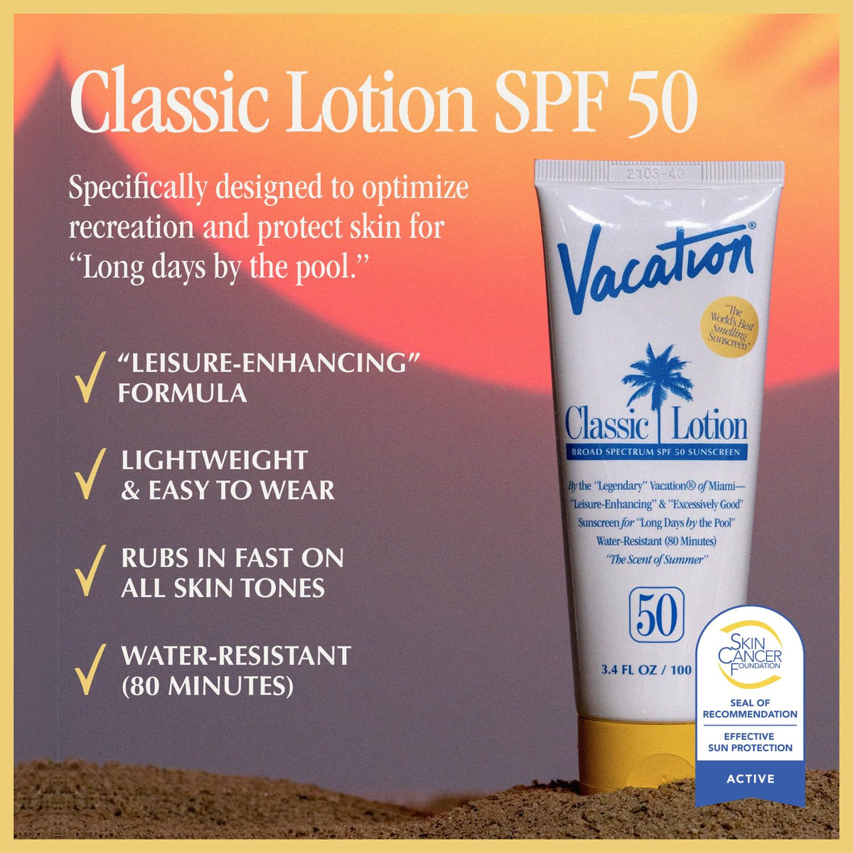 VACATION Classic SPF 50 Sunscreen Lotion back view showing ingredients
